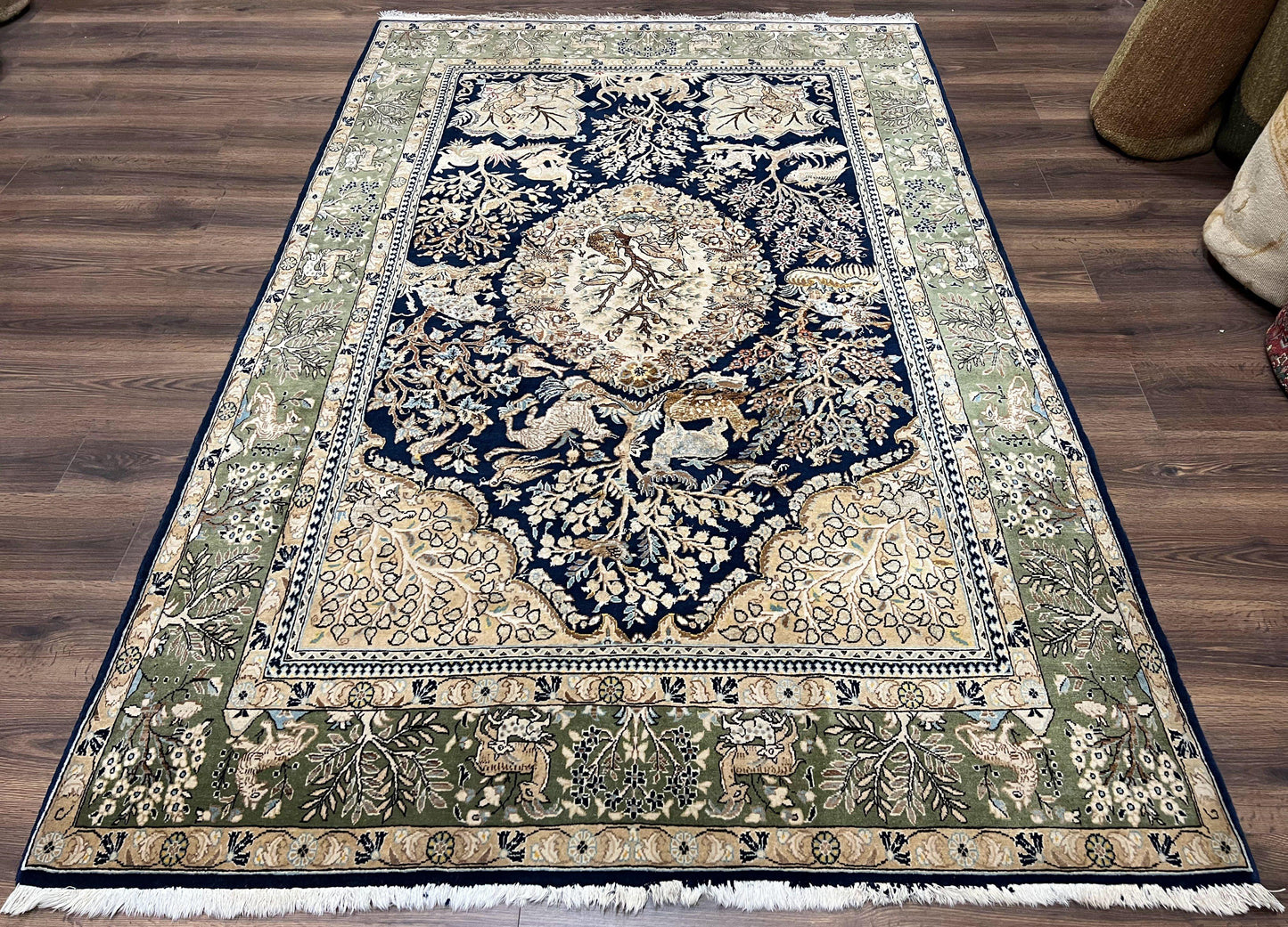 Wonderful Persian Qum Rug 6x9, Animal Pictorials, Tree of Life, Deer Birds, Hand Knotted Oriental Ghom Carpet, Semi Antique Vintage, Navy Blue Green - Nuvé