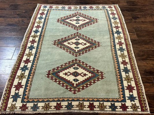 Turkish Kazak Rug 4x6, Geometric Medallion, Caucasian Design Rug, Semi Antique Vintage, Mint Green Maroon Ivory - Nuvé