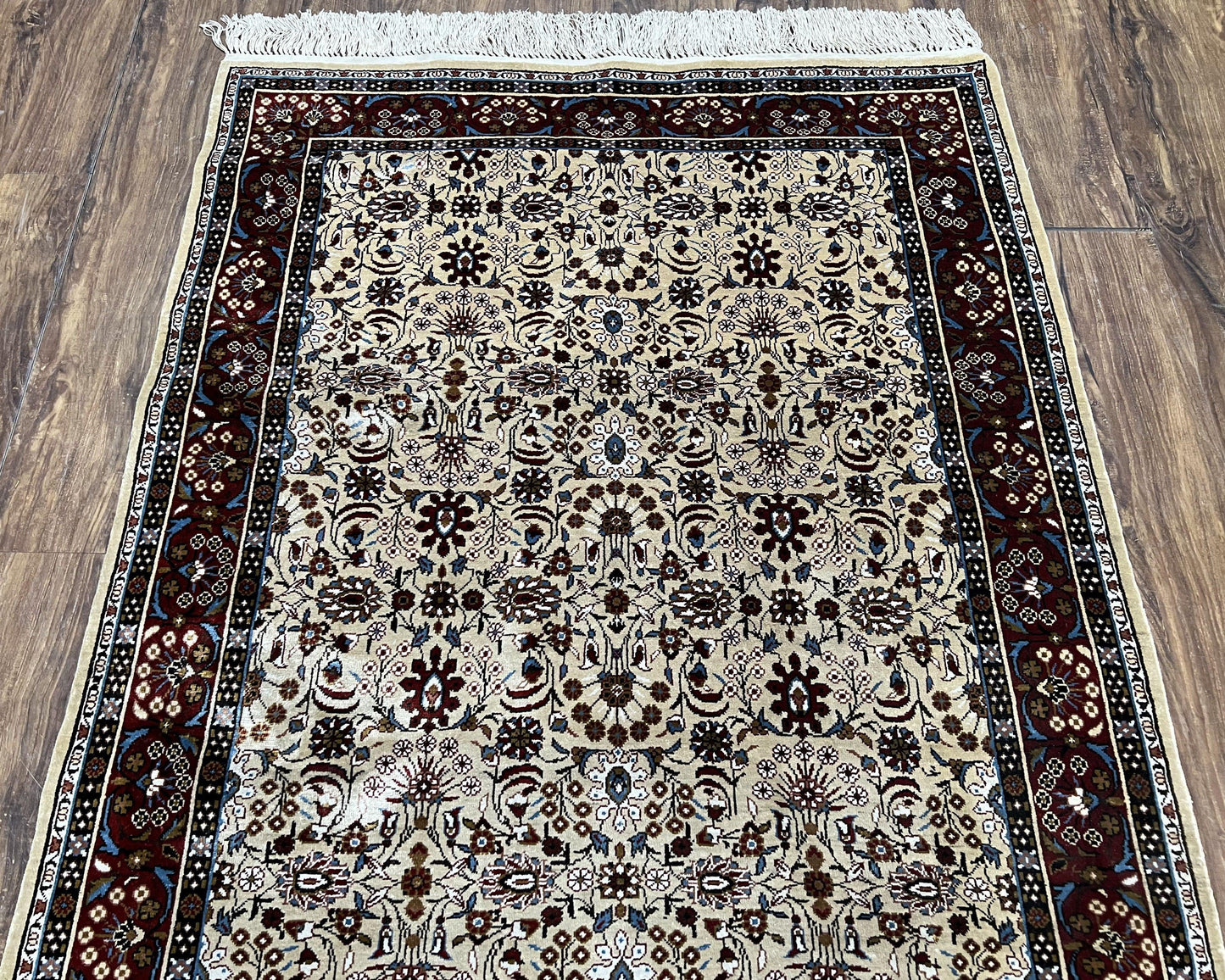 Fine Sino-Persian Silk Rug 3x5, High Quality Silk Carpet, Handmade Small Silk Rug, Allover Repeated Motif, Tan Maroon Blue Vintage Silk Rug - Nuvé