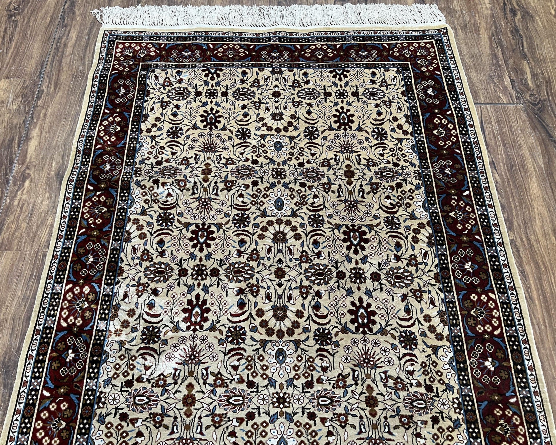Fine Sino-Persian Silk Rug 3x5, High Quality Silk Carpet, Handmade Small Silk Rug, Allover Repeated Motif, Tan Maroon Blue Vintage Silk Rug - Nuvé