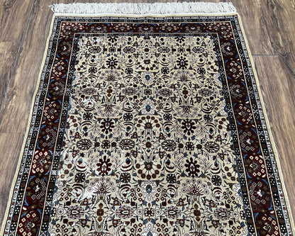 Fine Sino-Persian Silk Rug 3x5, High Quality Silk Carpet, Handmade Small Silk Rug, Allover Repeated Motif, Tan Maroon Blue Vintage Silk Rug - Nuvé
