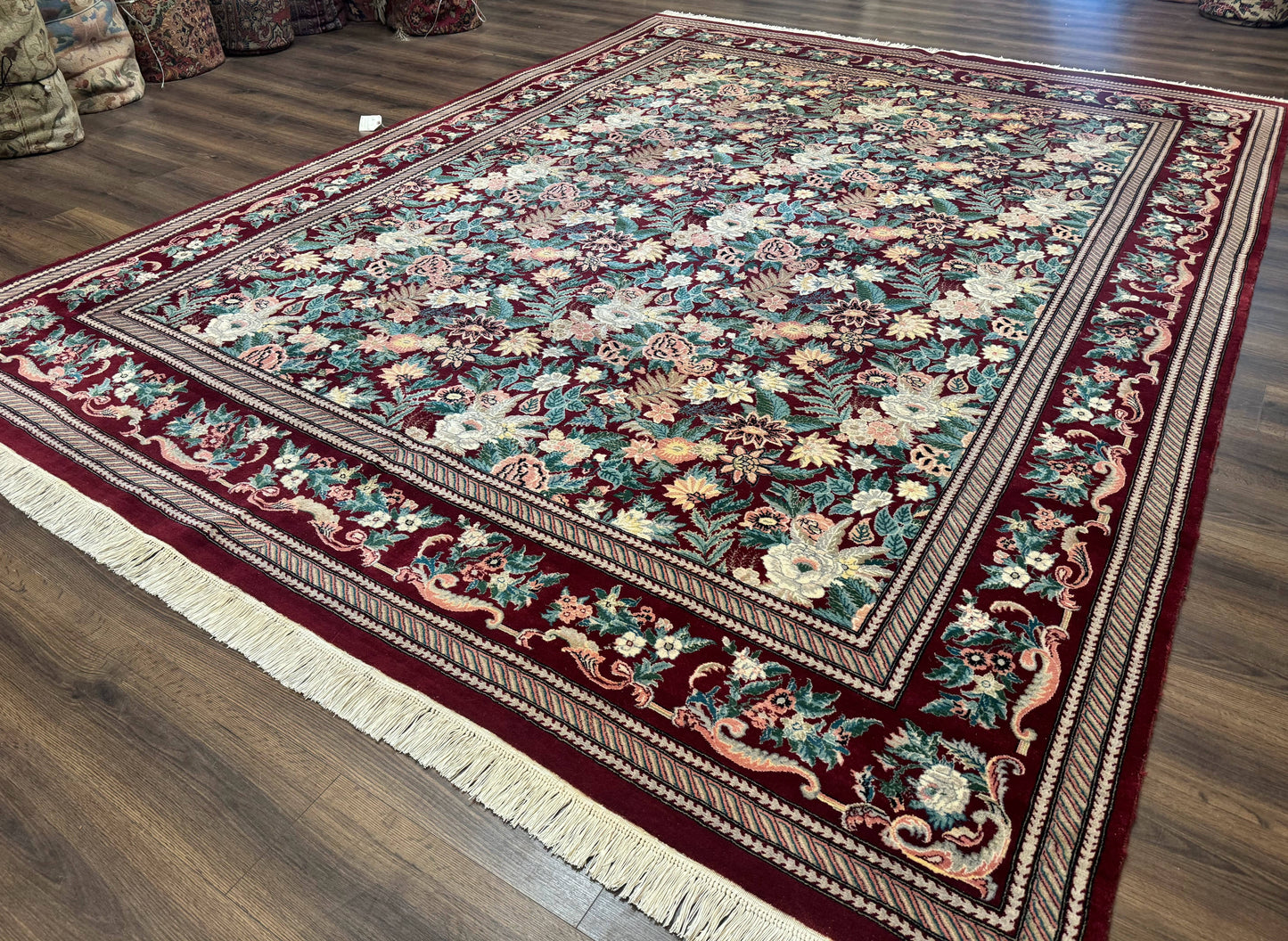 Pakistani Rug 9x12 William Morris Maroon Vintage Floral Wool - Nuvé