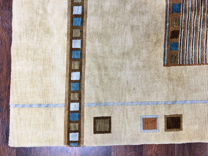 Tibetan Rug 5x8, Contemporary Rug 5 x 8 ft, Cream Brown Blue Hand-Knotted Wool w/ Silk Highlights Tibetan Carpet, Modern Rug - Nuvé