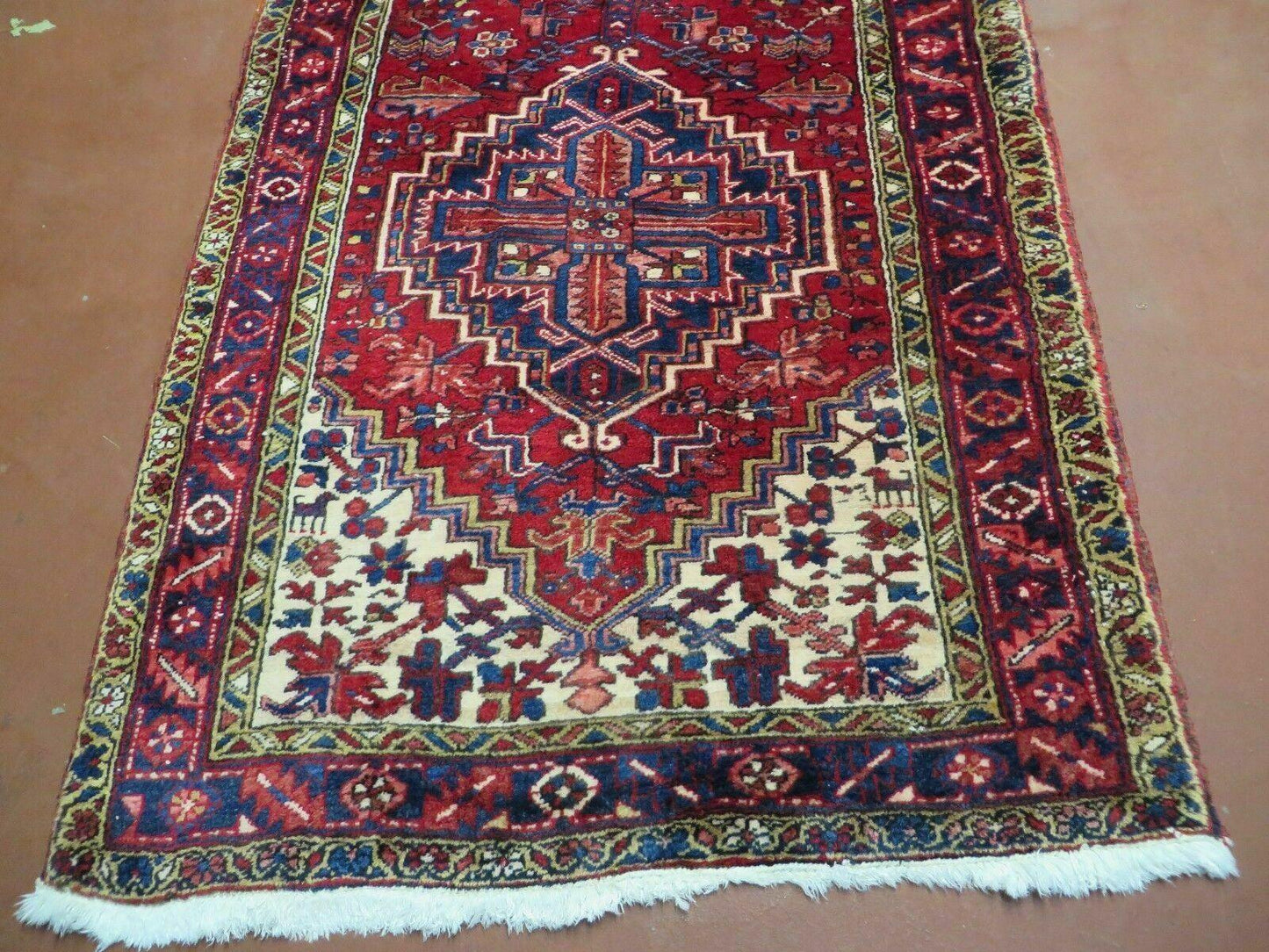 Persian Runner Rug, Heriz Runner Rug, Geometric Medallions, Red Cream Navy Blue Wool Hallway Rug 3.9 x 10.8 Antique Oriental Runner Handmade - Nuvé