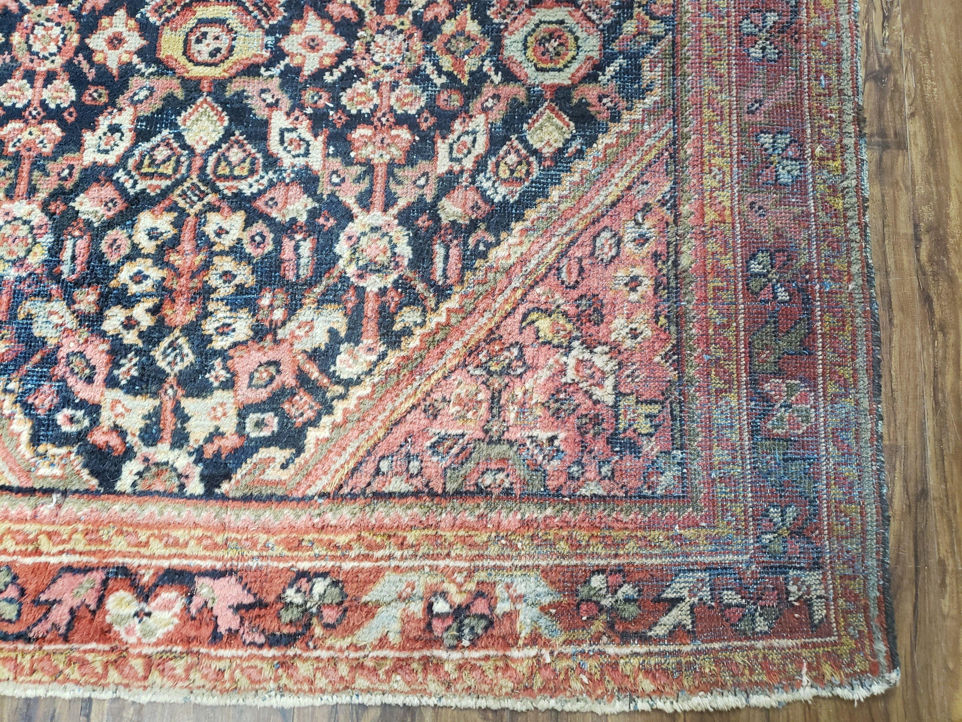 Antique Persian Mahal Area Rug 4.4 x 6.6, Wool Hand-Knotted Shabby Chic Oriental Rug, Red Black 1930s Foyer Room Carpet, Low Pile Boho Rug - Nuvé