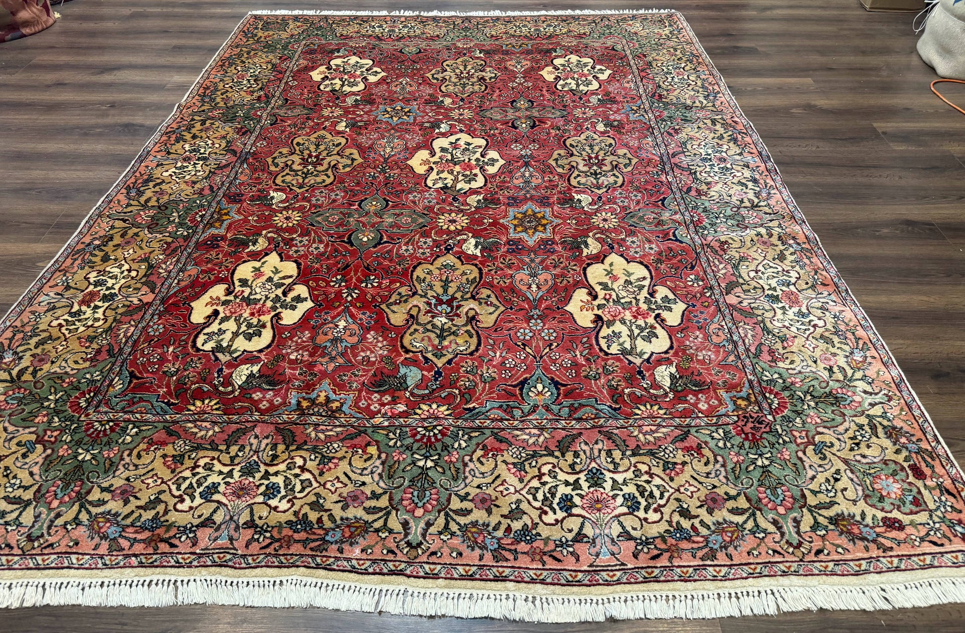 Antique Tabriz Persian Rug 7x10, Red Cream Tan, Unique Design, Fine 270 KPSI, Birds, Floral - Nuvé