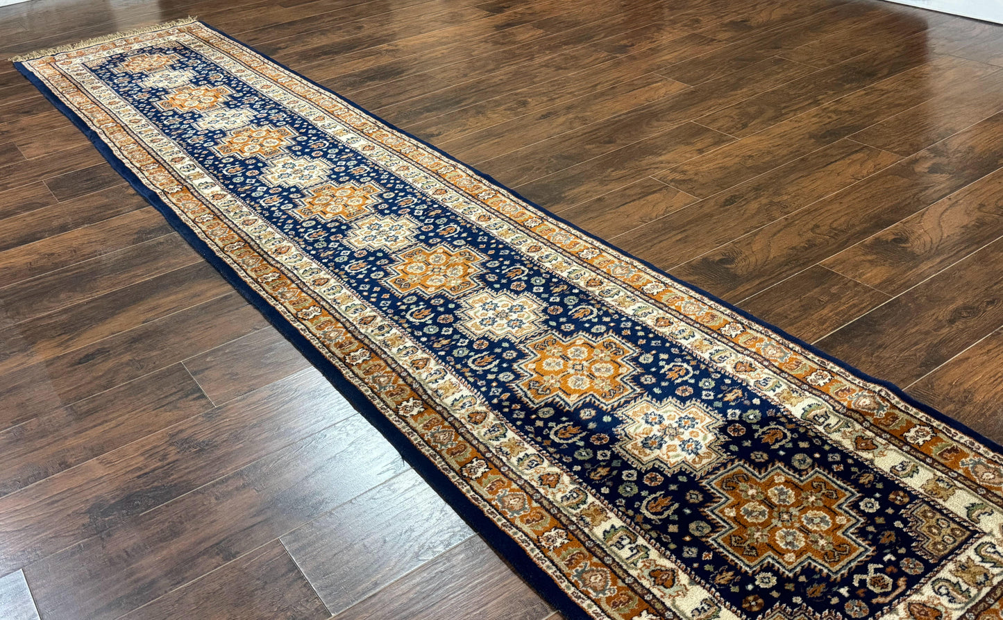 Indo Persian Runner Rug 2.6 x 12.7, Indian Kashmiri Runner for Hallway or Kitchen, Navy Blue, Geometric Medallions, Handmade Wool - Nuvé