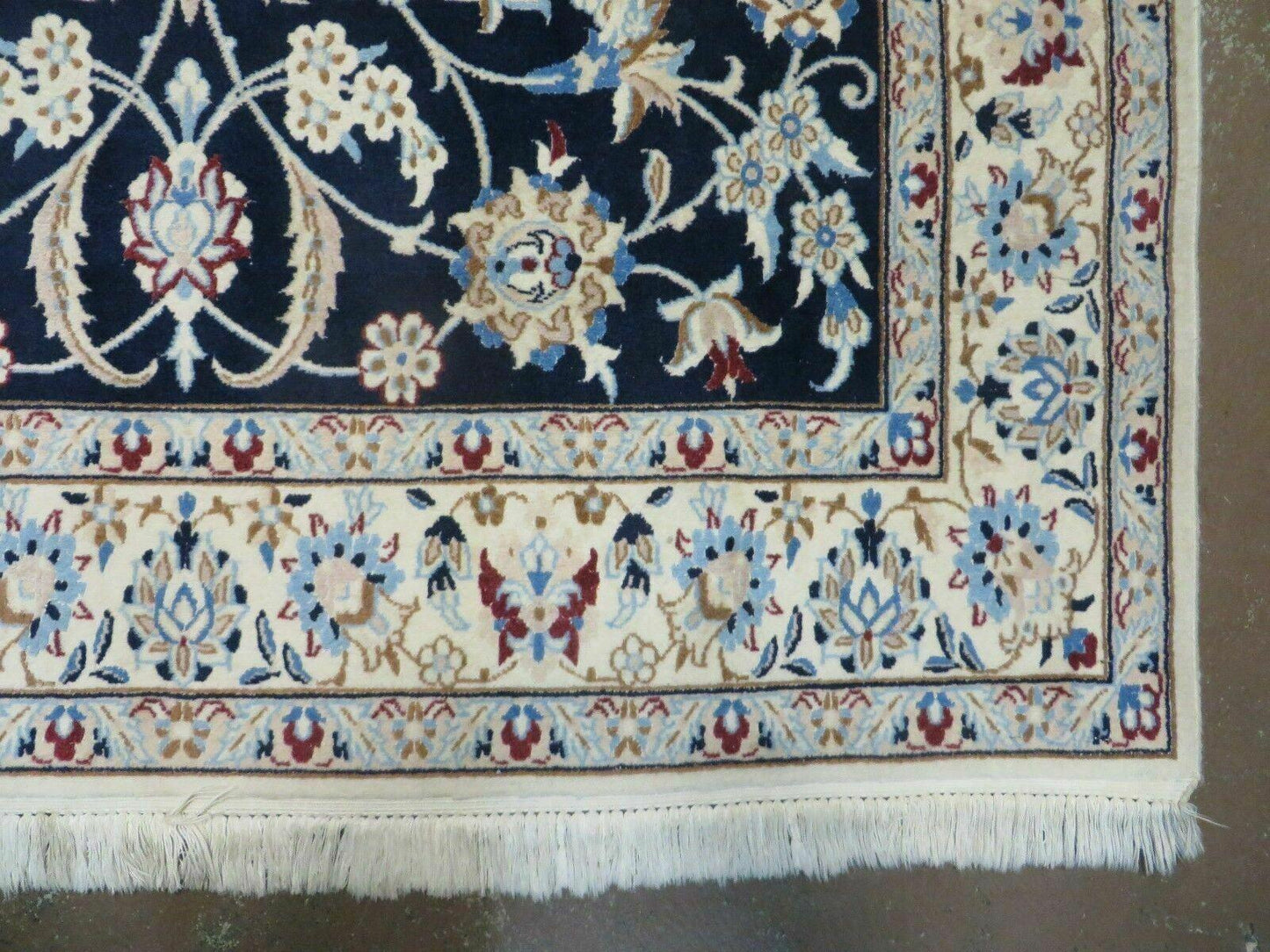 Persian Nain Rug 4x7, Navy Blue and Ivory, Handmade, Wool & Silk Highlights, Fine Oriental Rug, Vintage - Nuvé
