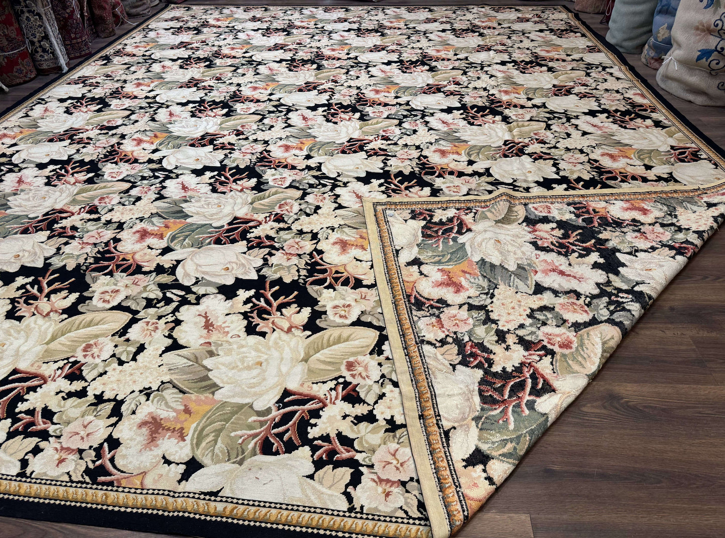 Palace Size Needlepoint Rug 13x17, Extra Large Wool Floral Handmade Carpet, European Design, Botanical - Nuvé
