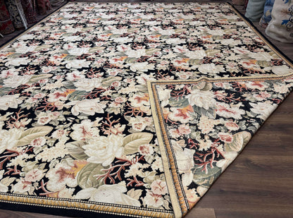 Palace Size Needlepoint Rug 13x17, Extra Large Wool Floral Handmade Carpet, European Design, Botanical - Nuvé