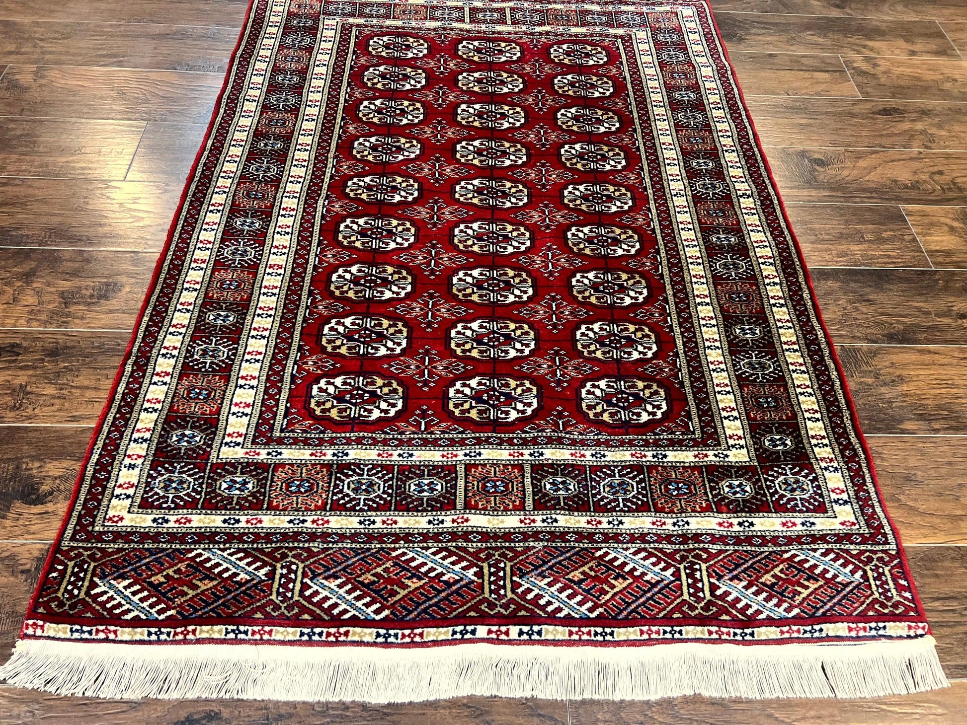 Pakistani Bokhara Rug 4x6, Red Turkoman Carpet, Finely Hand Knotted, Wool Vintage Rug - Nuvé
