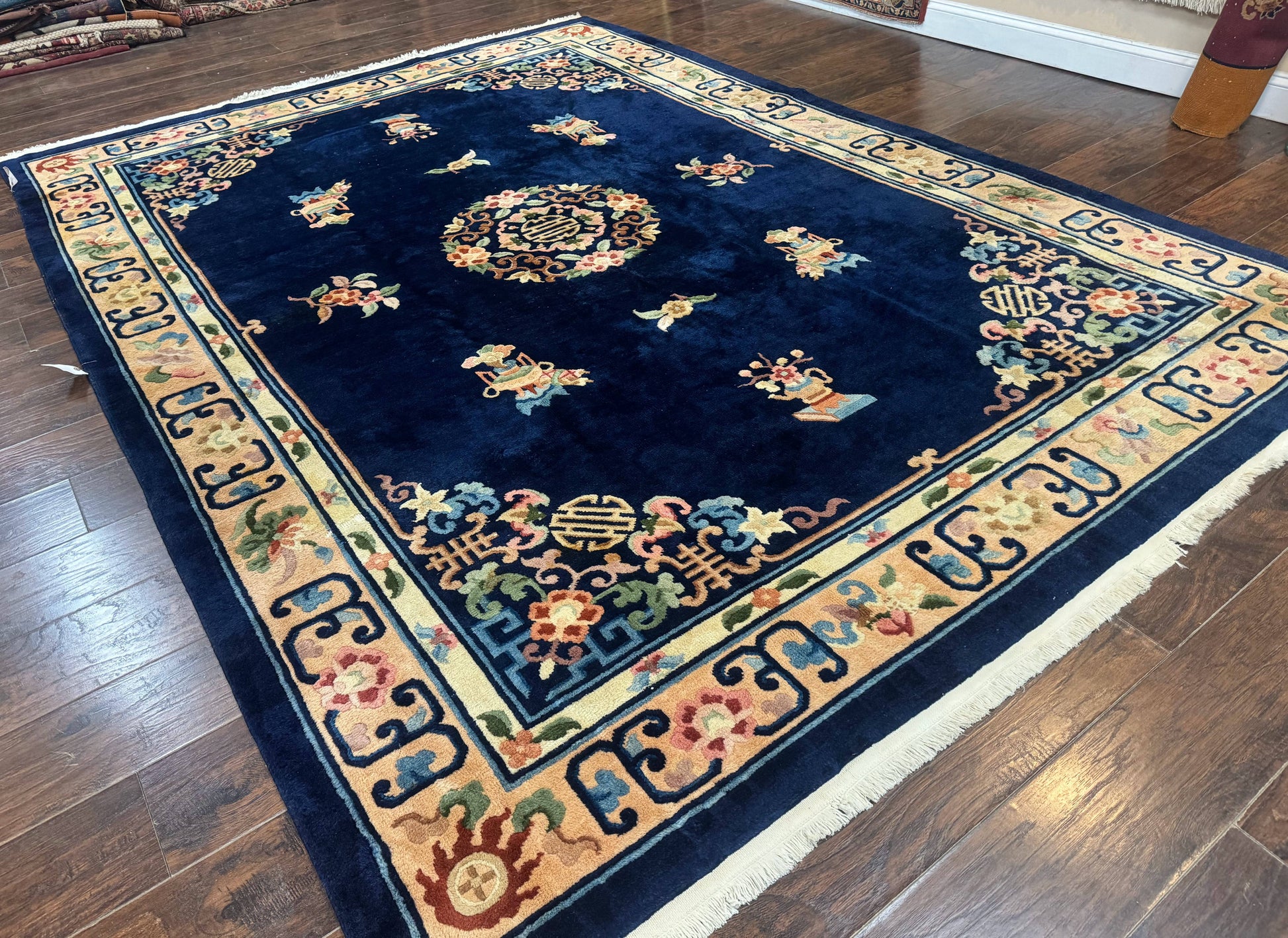 Chinese Wool Rug 8x11, Navy Blue and Beige, Simple Design, Fete Carpet - Nuvé