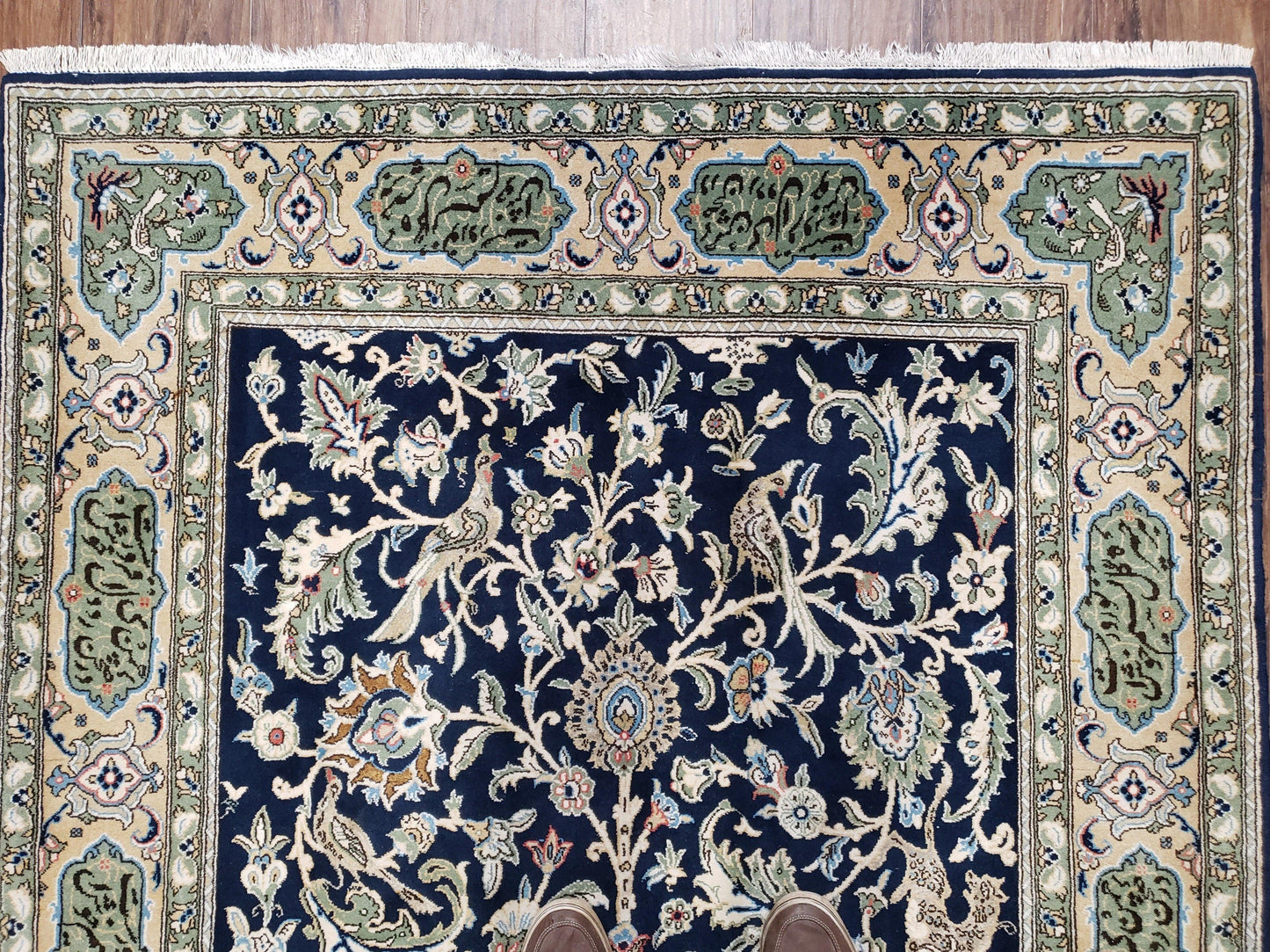 Semi Antique Persian Qum Tree of Life Rug, Hand-Knotted, Wool, Midnight Blue and Tan, Animal Pictorials, Written Poem in Borders, 4' 8" x 7' 8" - Nuvé
