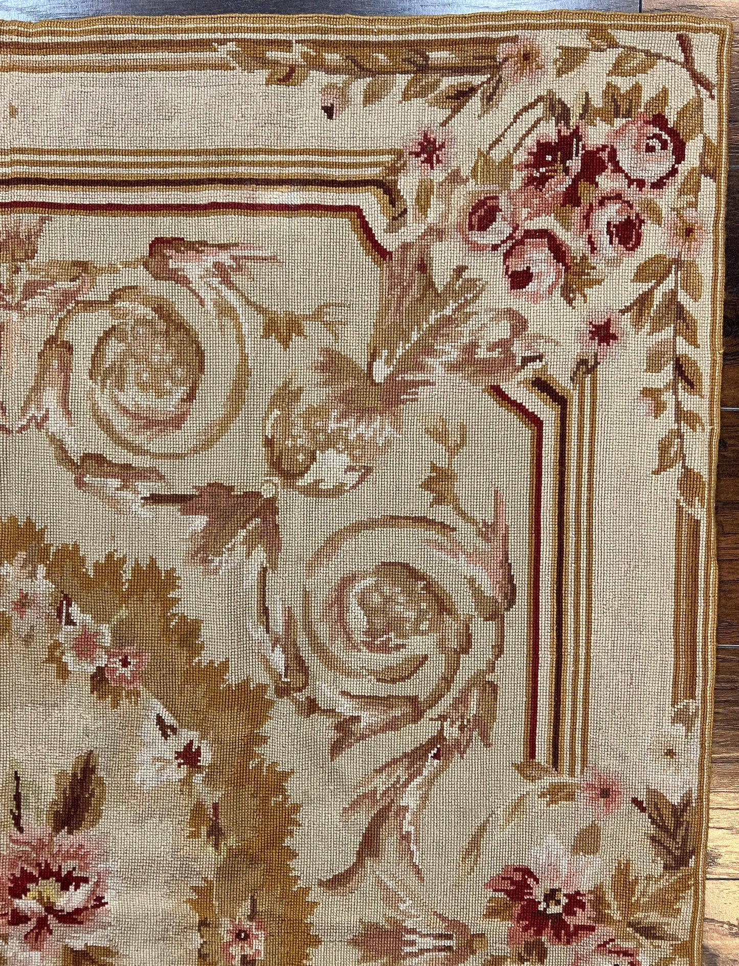 Aubusson Needlepoint Rug 4x5 ft, Beige and Tan, Aubusson Savonnerie Vintage Carpet, Handwoven Handmade Wool Rug, European Design Floral Rose - Nuvé