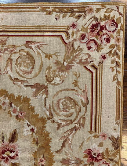 Aubusson Needlepoint Rug 4x5 ft, Beige and Tan, Aubusson Savonnerie Vintage Carpet, Handwoven Handmade Wool Rug, European Design Floral Rose - Nuvé