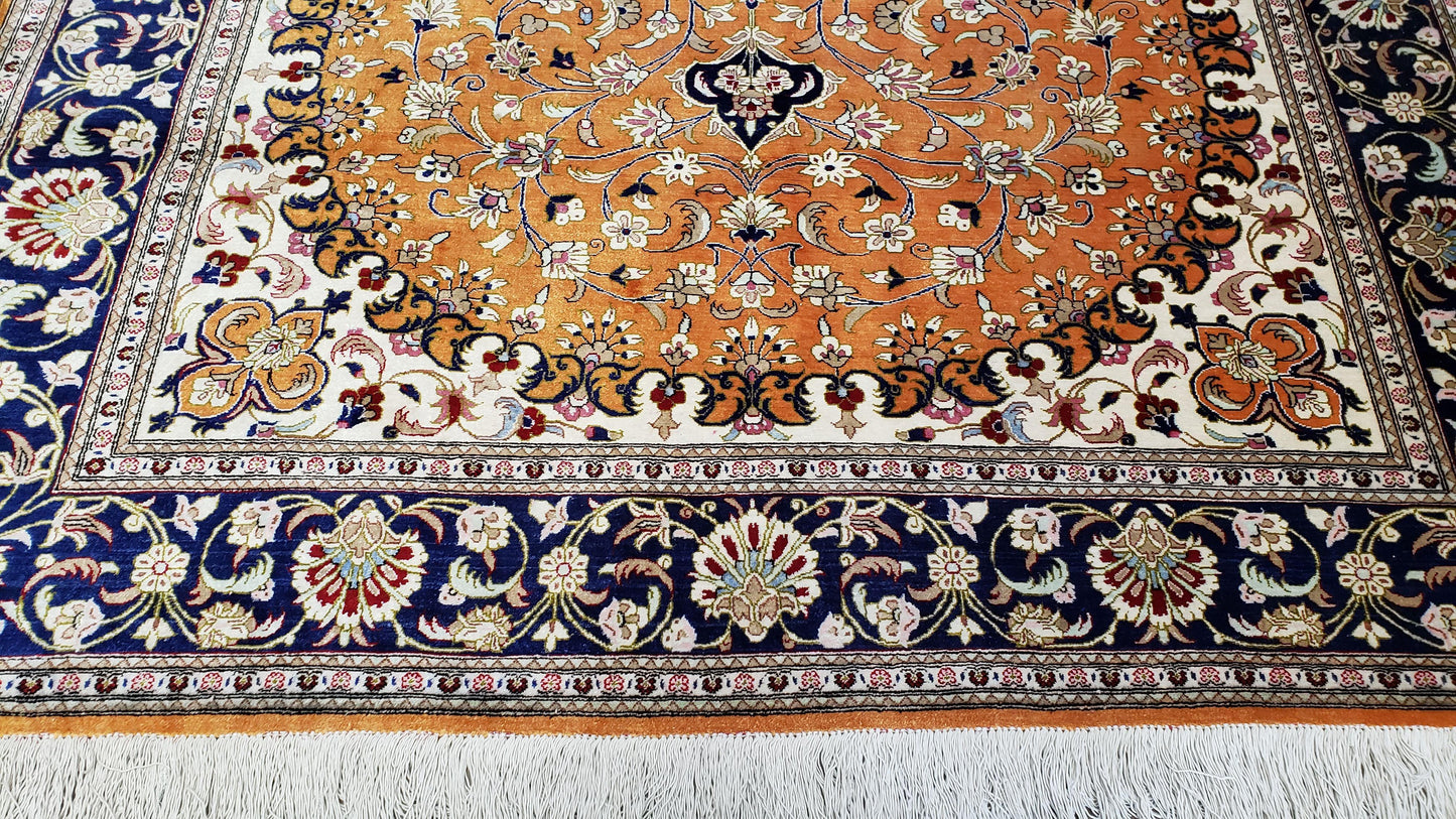 Vintage Persian Qum Silk Rug 4.6 x 6.7, Burnt Orange and Navy Blue, Antique Oriental Very Fine Signature Master Weaver 350+ KPSI Ghom Qom 5x7 Rug - Nuvé