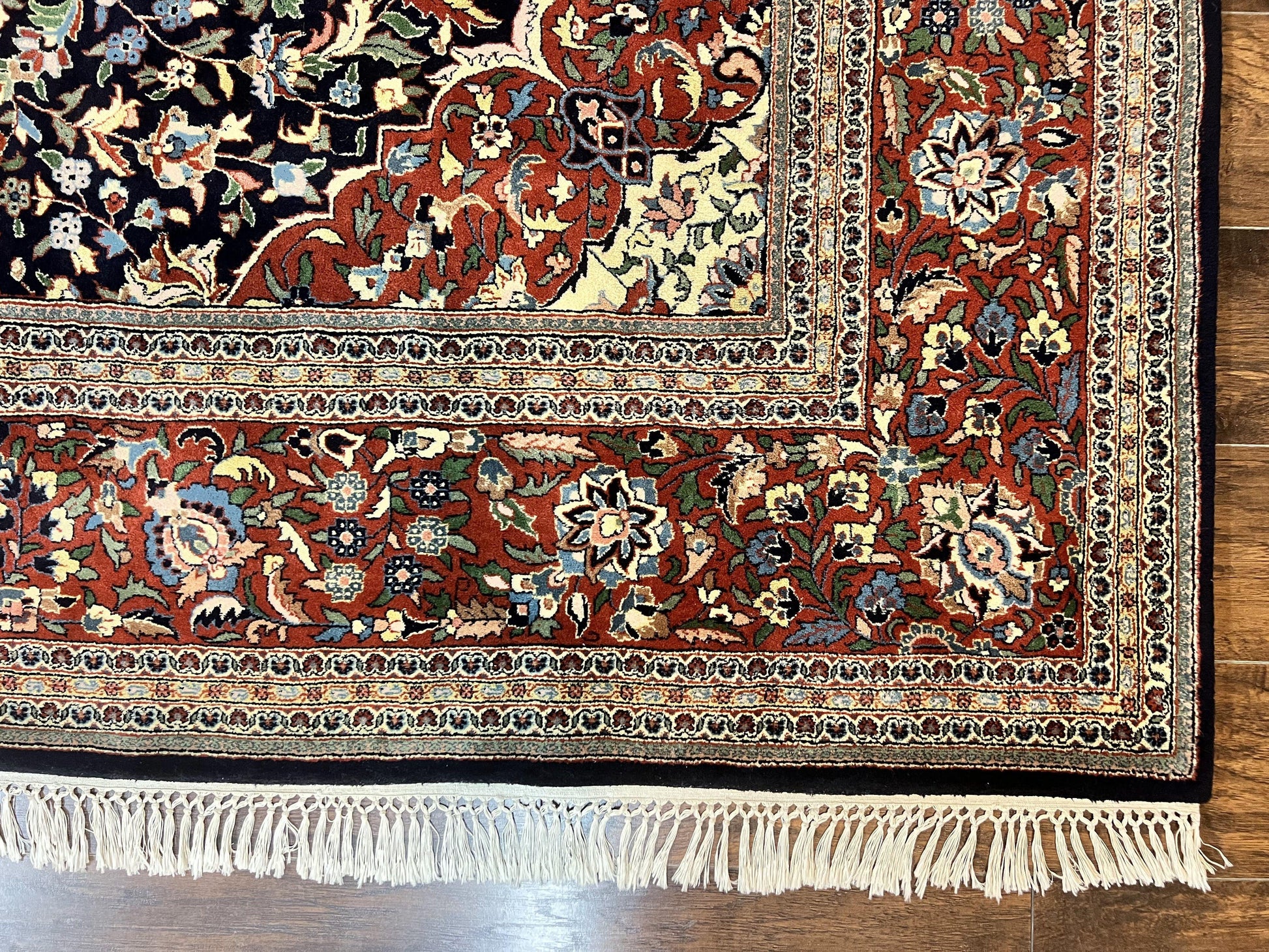 Indo Persian Rug 8x10, Floral Medallion, Vintage Handmade Wool Carpet, Navy Blue and Red, Fine 300 KPSI - Nuvé
