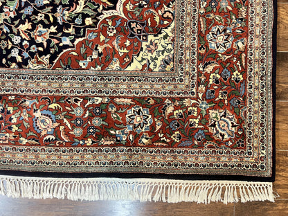 Indo Persian Rug 8x10, Floral Medallion, Vintage Handmade Wool Carpet, Navy Blue and Red, Fine 300 KPSI - Nuvé