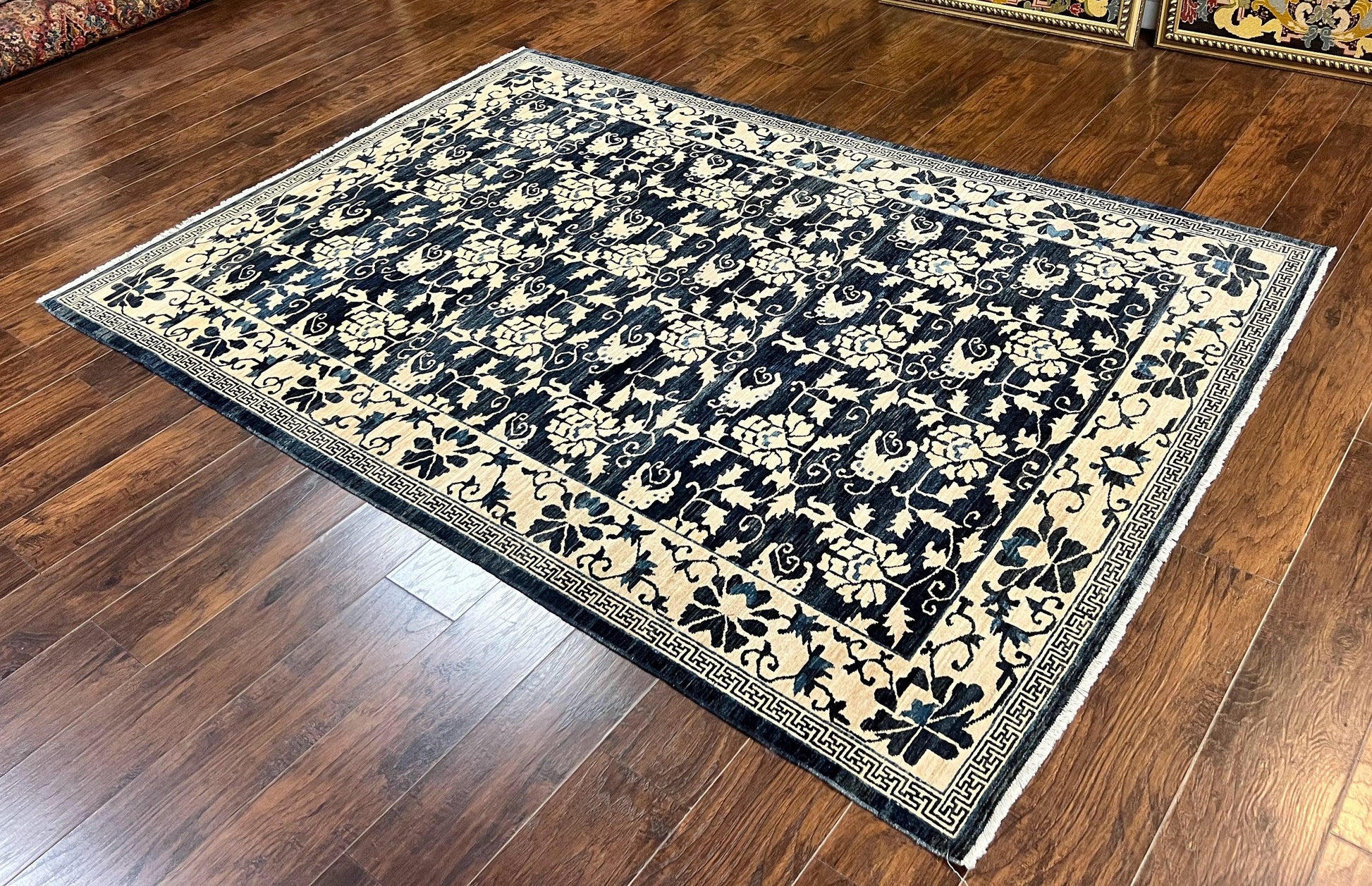 Sino Persian Rug 6x9, Hand Knotted Wool Carpet, Floral Allover, Blue Cream-Tan - Nuvé