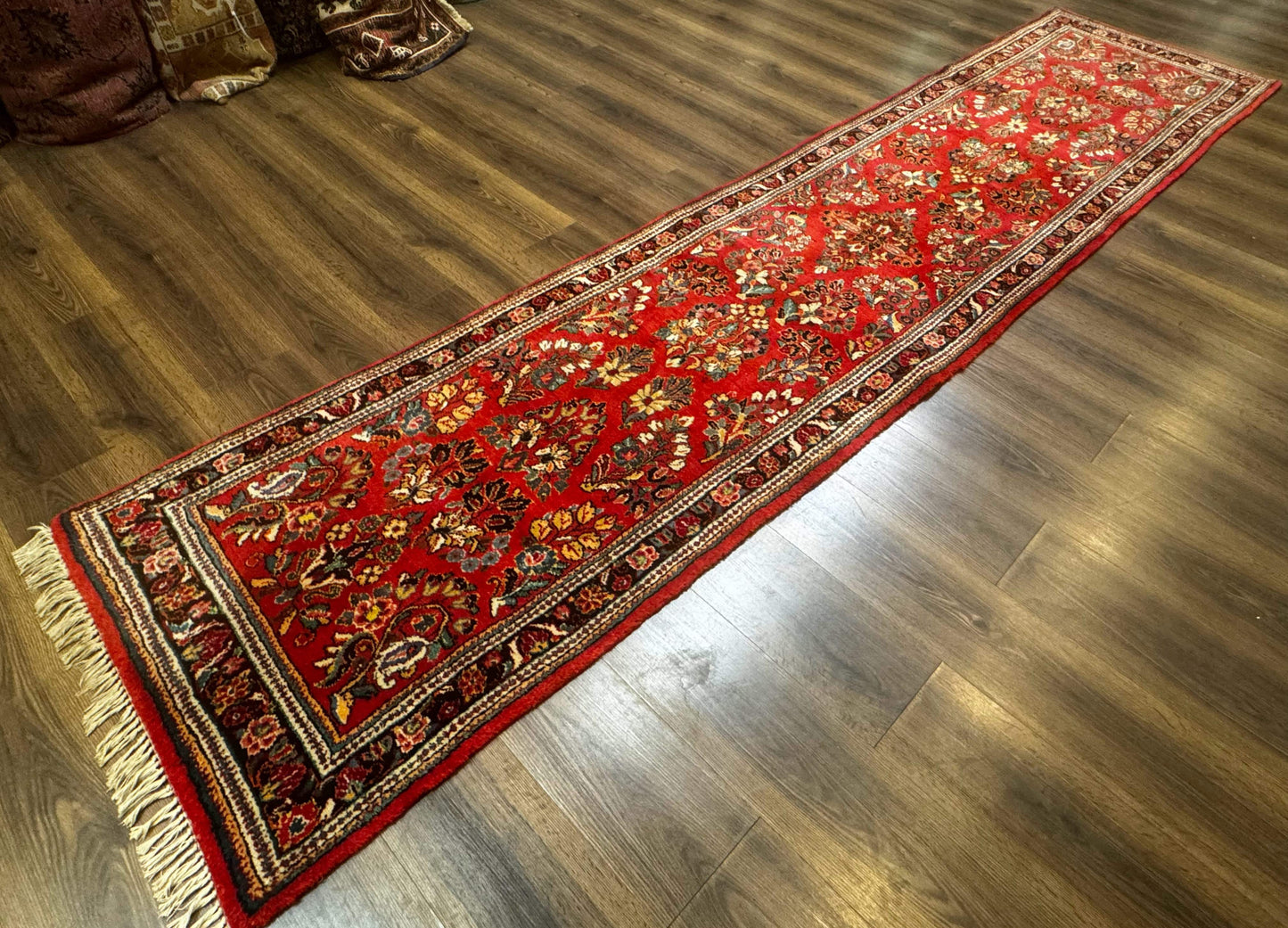 Persian Sarouk Runner Rug 3x12, Red Floral 3 x 12ft Runner, Vintage, Wool - Nuvé
