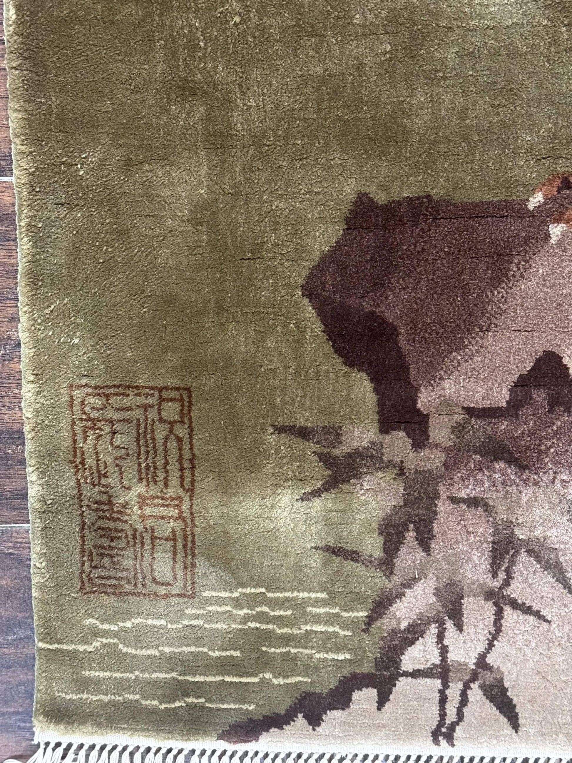 Silk Chinese Wall Hanging 2x4, Vintage Antique, Handmade, Bird on Mountain, Rug Tapestry - Nuvé
