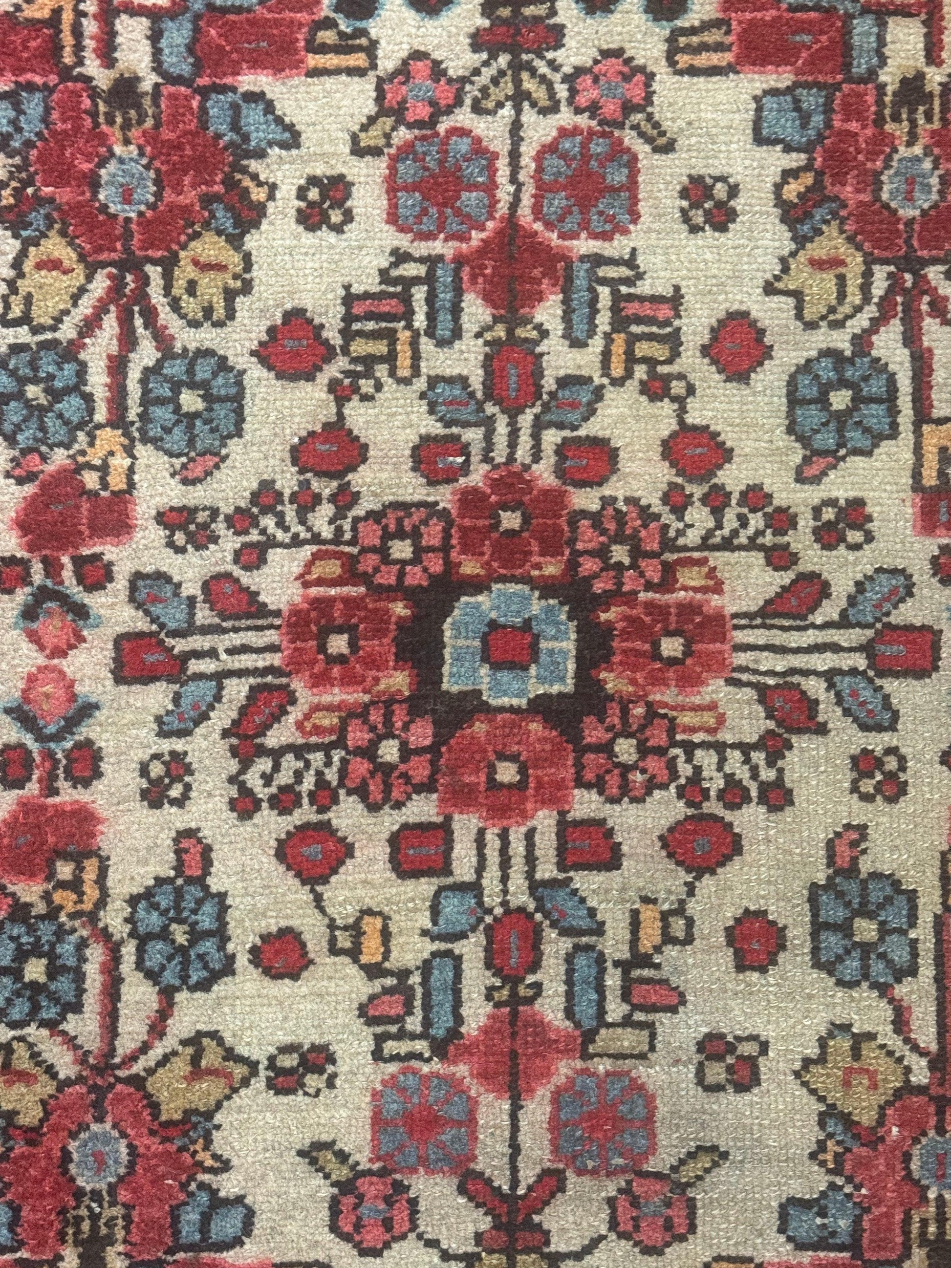 Small Antique Persian Rug 2x3, Beige and Red, Floral, Wool, Hamadan Rug - Nuvé