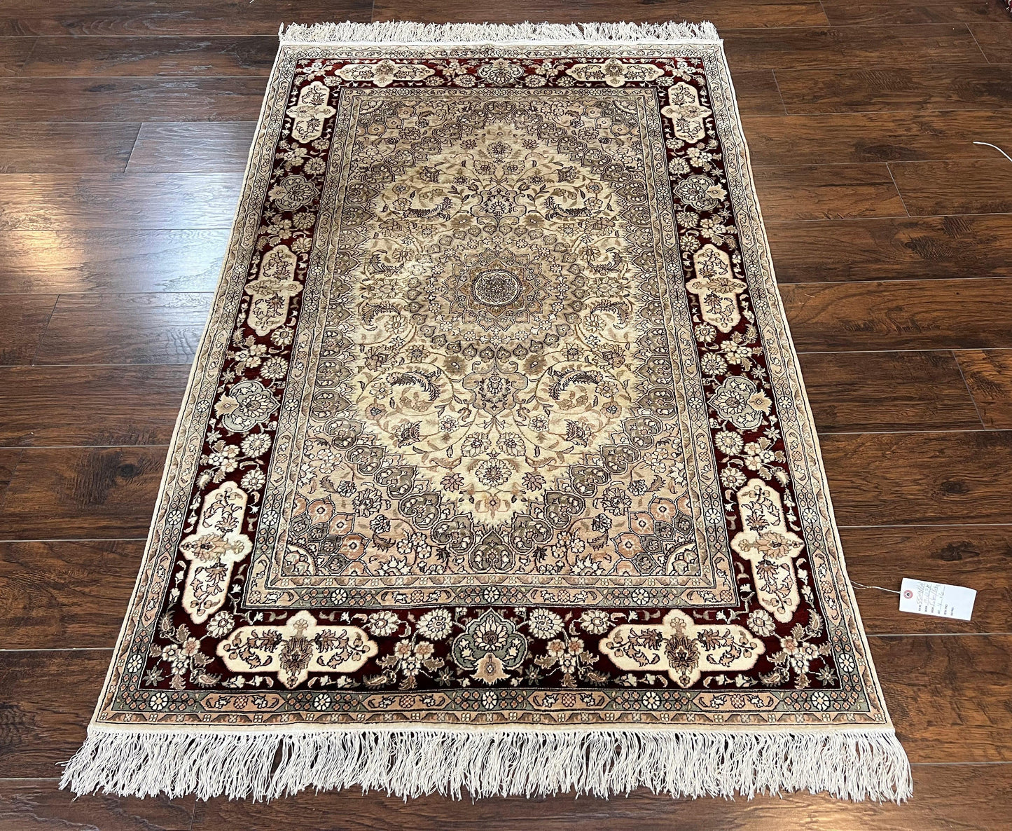 Silk Indian Kashmiri Rug 4x6 ft, Floral Medallion Hand Knotted Handmade Oriental Carpet, Vintage, Cream Burgundy, Very Fine Silk Rug 4 x 6 - Nuvé