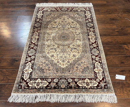 Silk Indian Kashmiri Rug 4x6 ft, Floral Medallion Hand Knotted Handmade Oriental Carpet, Vintage, Cream Burgundy, Very Fine Silk Rug 4 x 6 - Nuvé