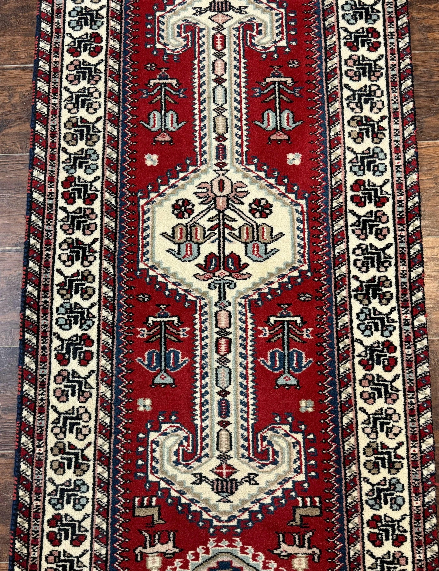 Indo Persian Runner Rug 2.6 x 12, Heriz Geometric Caucasian Design, Animal Pictorials, Tribal Runner Rug, Vintage Handmade Wool Red - Nuvé