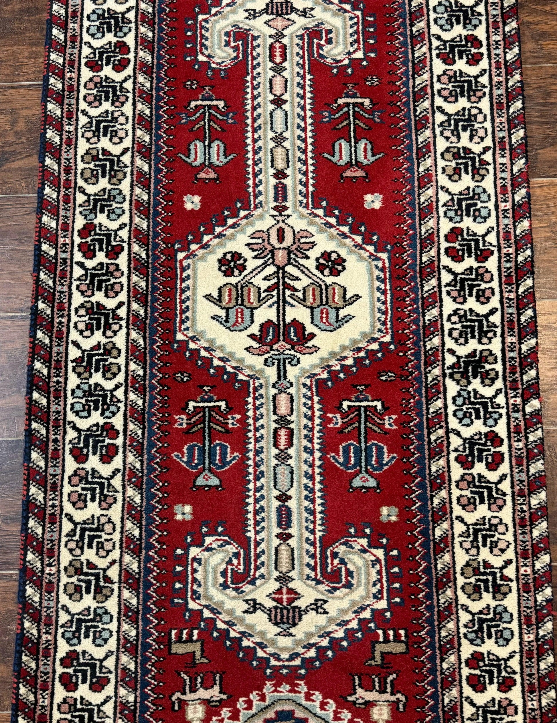 Indo Persian Runner Rug 2.6 x 12, Heriz Geometric Caucasian Design, Animal Pictorials, Tribal Runner Rug, Vintage Handmade Wool Red - Nuvé