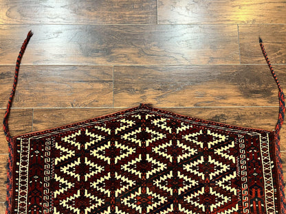 Antique Turkoman Camel Trapping, Turkoman Asmalyk, Red Black Ivory, Handmade, Hand Knotted Tribal Collectible Rug, Rare - Nuvé