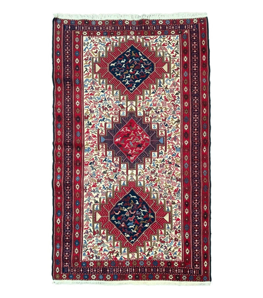 Persian Soumak Kilim Rug 4x6, Triple Medallions Tribal Pictorials, Caucasian Azerbaijani Kilim