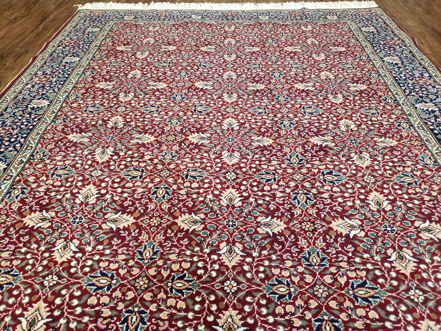 Vintage Turkish Sivas Area Rug 6.5 x 9.5, Wool Hand-Knotted Red & Midnight Blue Allover Floral Pattern Oriental Carpet, 6x9 Traditional Rug - Nuvé