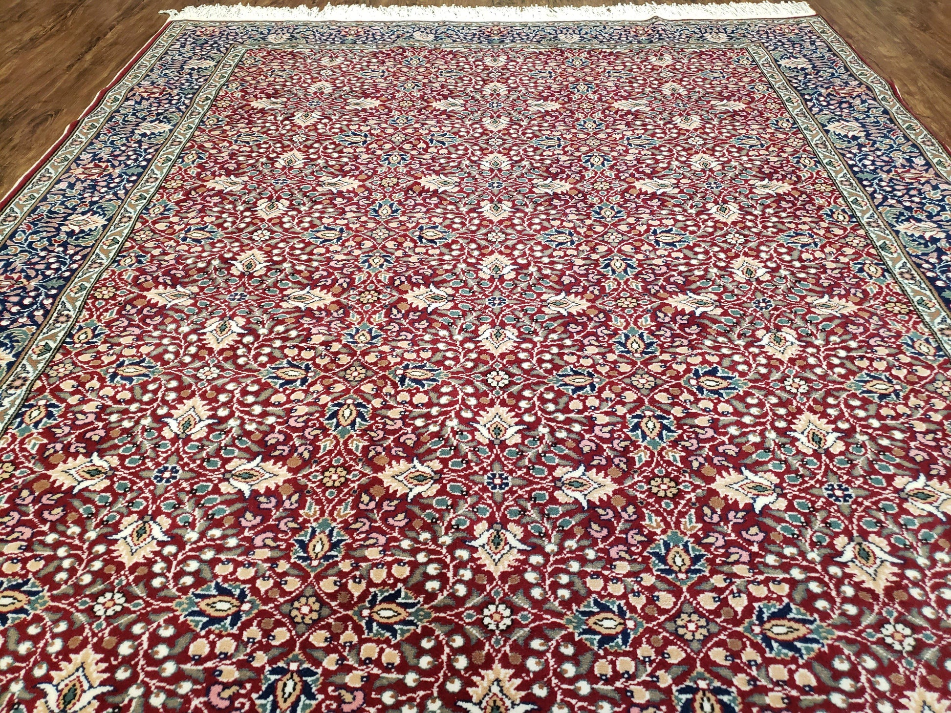Vintage Turkish Sivas Area Rug 6.5 x 9.5, Wool Hand-Knotted Red & Midnight Blue Allover Floral Pattern Oriental Carpet, 6x9 Traditional Rug - Nuvé