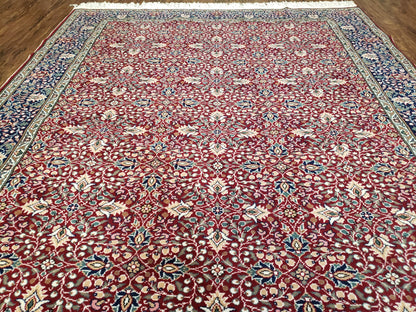 Vintage Turkish Sivas Area Rug 6.5 x 9.5, Wool Hand-Knotted Red & Midnight Blue Allover Floral Pattern Oriental Carpet, 6x9 Traditional Rug - Nuvé