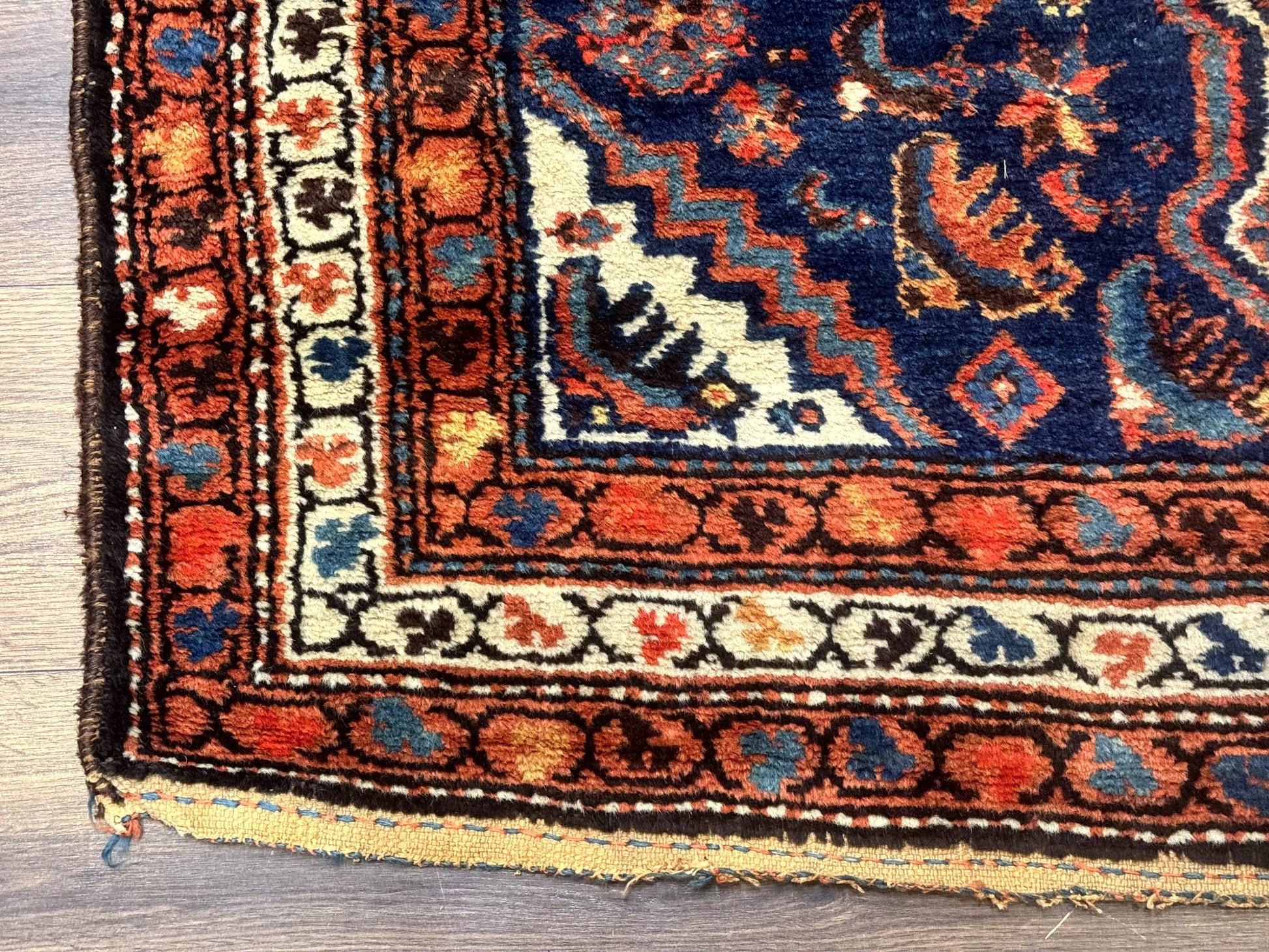 Antique Persian Hamadan Rug 4x6, Geometric, Double Medallions, Navy Blue, Tribal Carpet - Nuvé