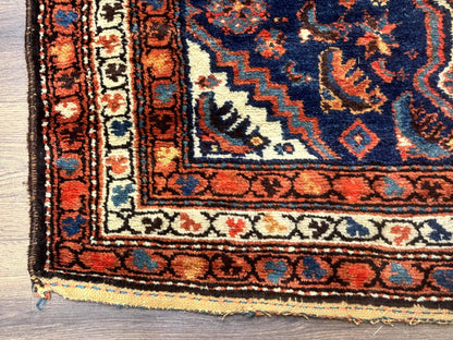 Antique Persian Hamadan Rug 4x6, Geometric, Double Medallions, Navy Blue, Tribal Carpet - Nuvé