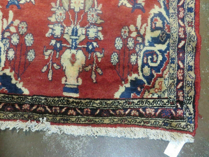 Persian Runner Rug 3 x 12, Antique Wool Oriental Runner, Floral Vases, Red & Navy Blue - Nuvé