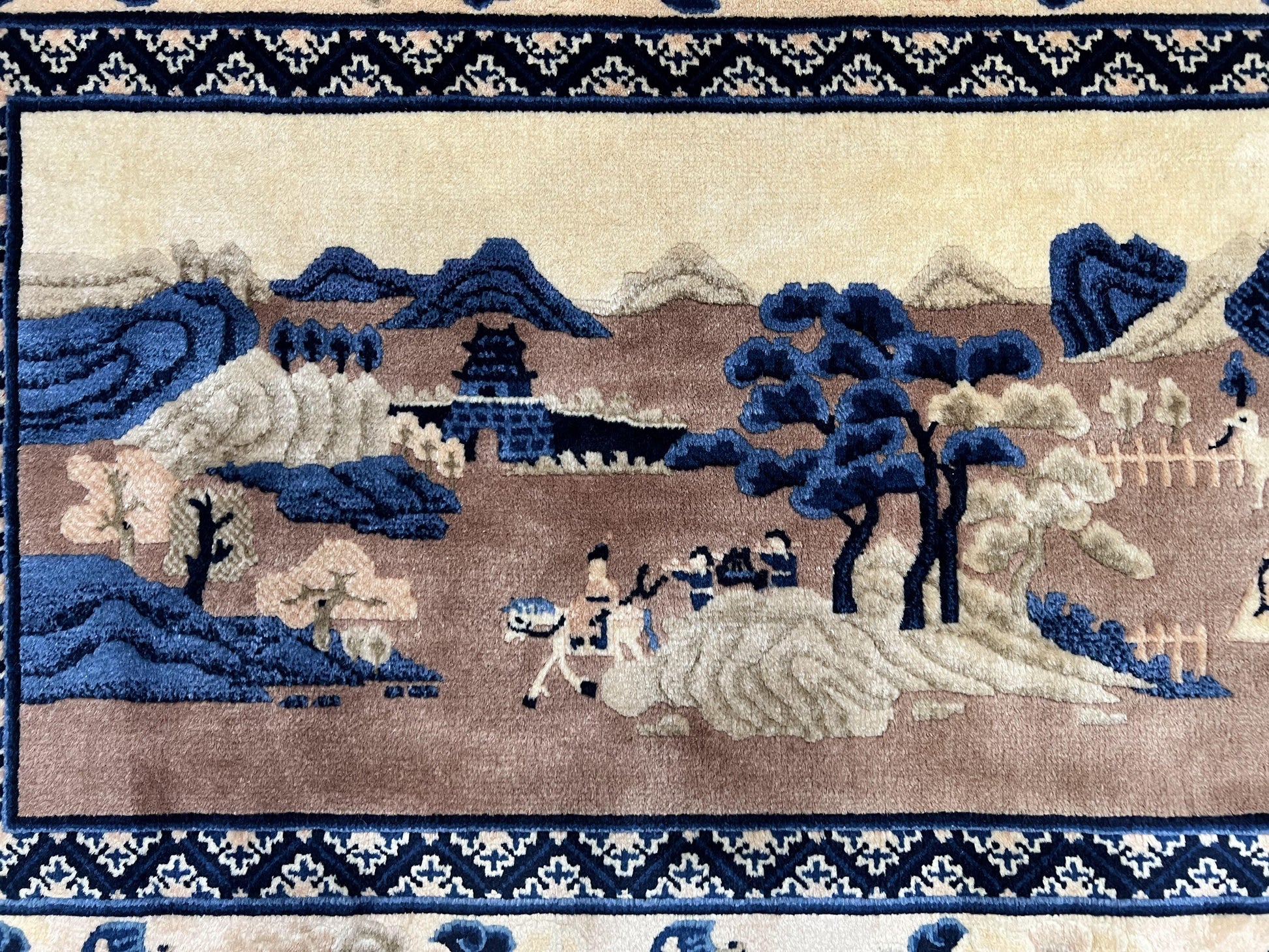 Antique Chinese Pictorial Rug 2.7 x 5, Chinese Village and Hills Carpet, Beige and Dark Blue, Handmade, Horizontal Rug Wall Hanging Tapestry - Nuvé