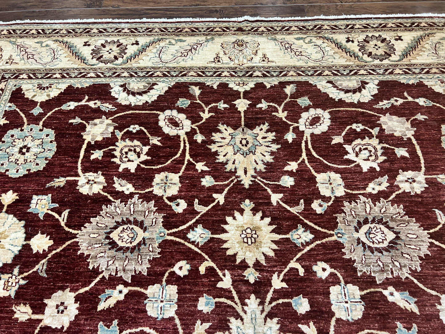 Peshawar Rug 9x11, Pakistani Oriental Carpet, Maroon and Beige, Floral Allover, Wool Hand Knotted Handmade Vintage Rug - Nuvé