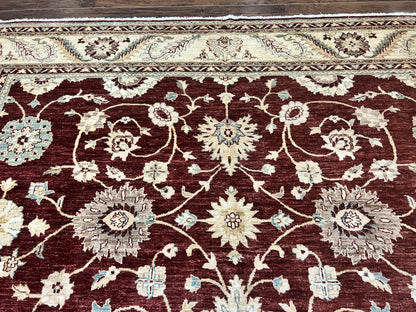 Peshawar Rug 9x11, Pakistani Oriental Carpet, Maroon and Beige, Floral Allover, Wool Hand Knotted Handmade Vintage Rug - Nuvé