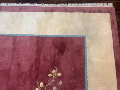 Indo Chinese Art Deco Rug 9x12, Pink and Ivory, Open Filed, Floral, Wool - Nuvé