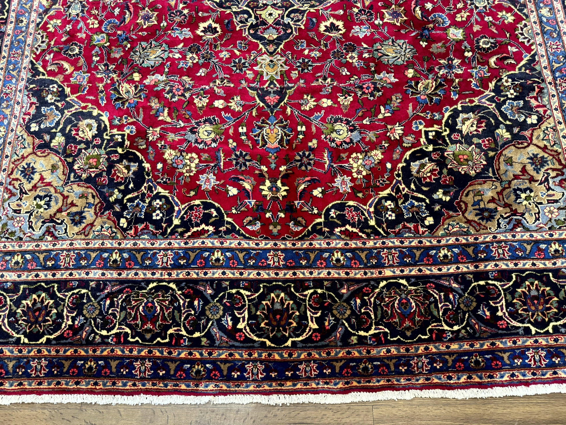 Traditional Persian Rug 8x11, Red Navy Blue, Floral Medallion, Antique Persian Mashad Carpet, Wool - Nuvé