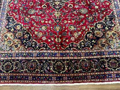 Traditional Persian Rug 8x11, Red Navy Blue, Floral Medallion, Antique Persian Mashad Carpet, Wool - Nuvé