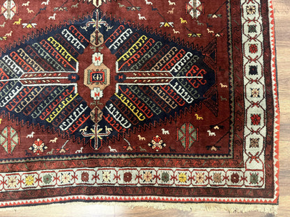 Antique Persian Tribal Rug 5 x 7.8, Triple Medallions, Red, Persian Afshar Rug - Nuvé