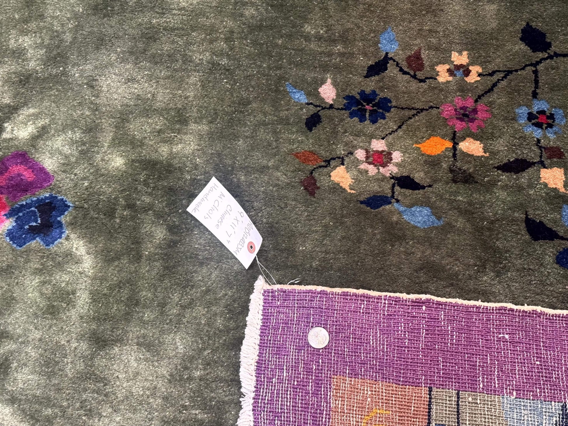 Antique Chinese Nichols Rug 9x12 - Rare Green and Purple Art Deco Carpet - Nuvé