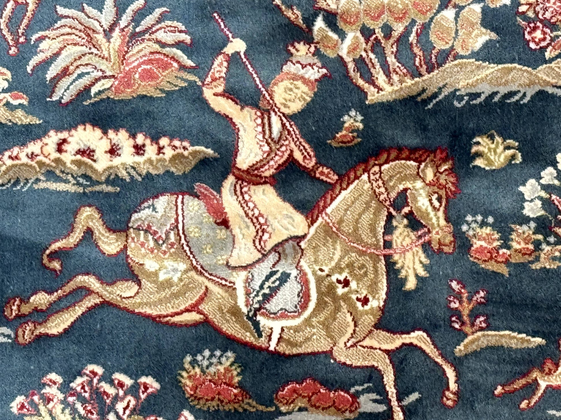 Turkish Silk Hunting Design Rug 4x6, Dark Steel Blue & Ivory, Bamboo Silk, New - Nuvé
