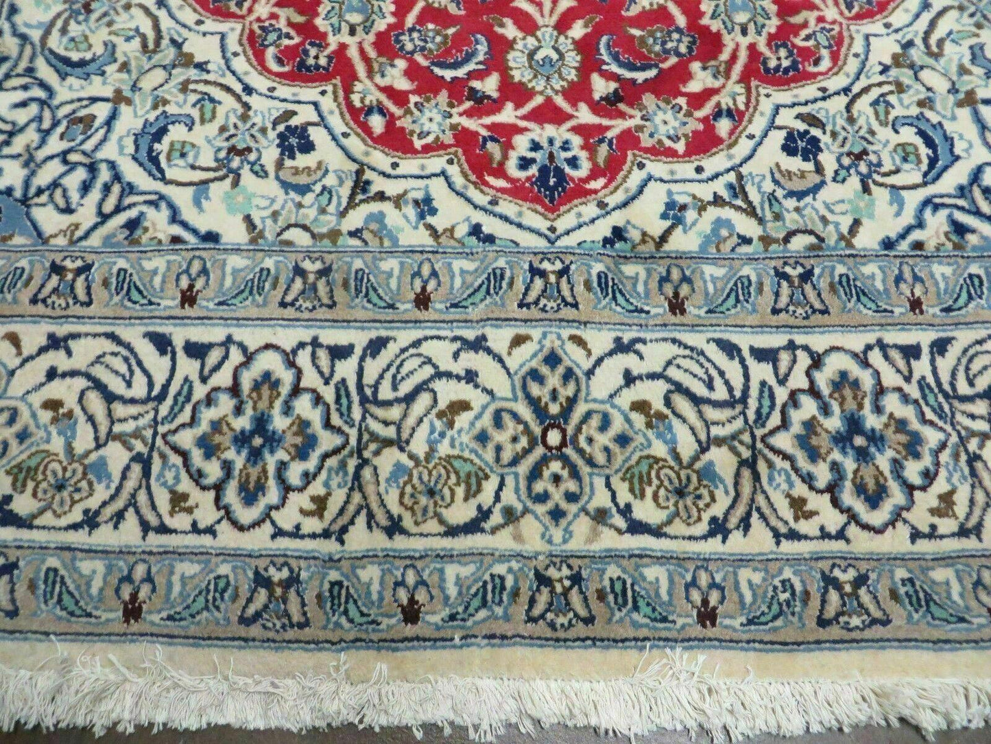 Square Persian Nain Rug 6.3 x 6.8, Hand-Knotted Wool with Silk Accents, Ivory Red Blue - Nuvé