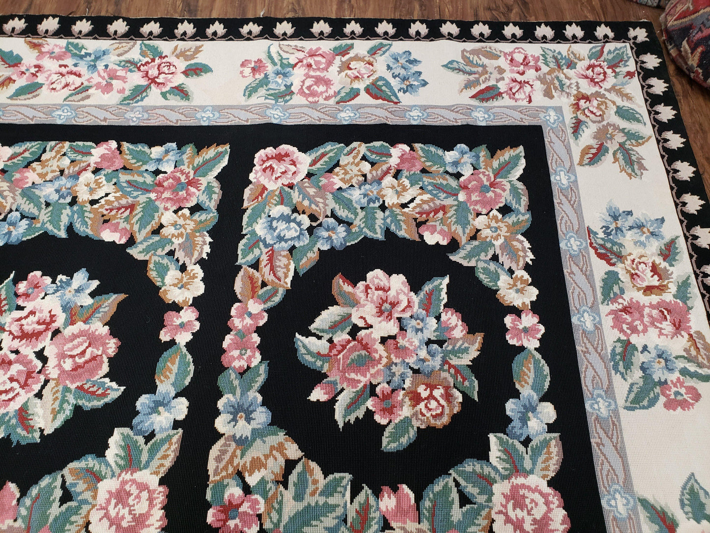 Floral Needlepoint Rug 9.5 x 13.6, Floral Panel Design, Black and Ivory Flatweave Aubusson Carpet, Multicolor - Nuvé