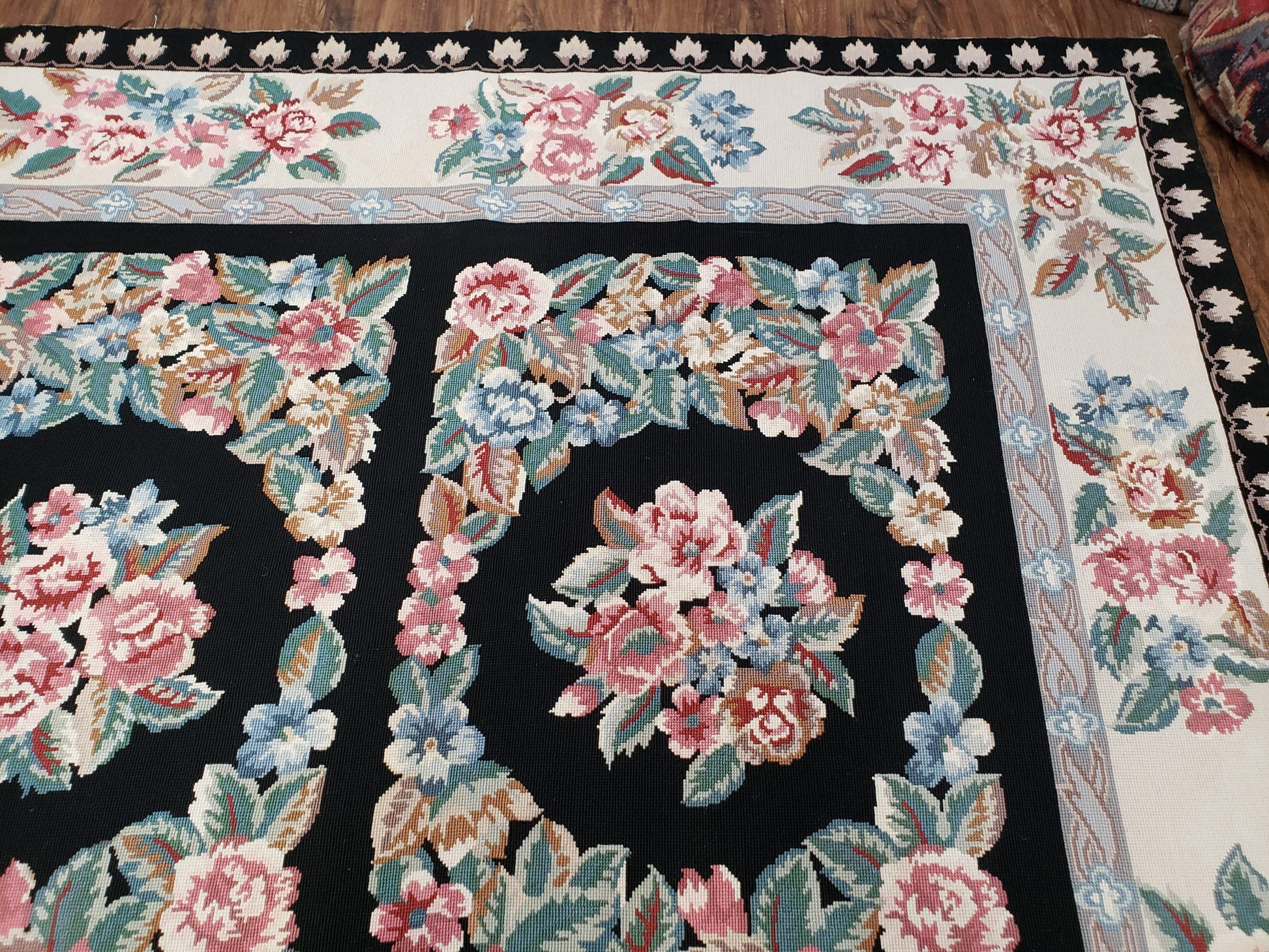 Floral Needlepoint Rug 9.5 x 13.6, Floral Panel Design, Black and Ivory Flatweave Aubusson Carpet, Multicolor - Nuvé